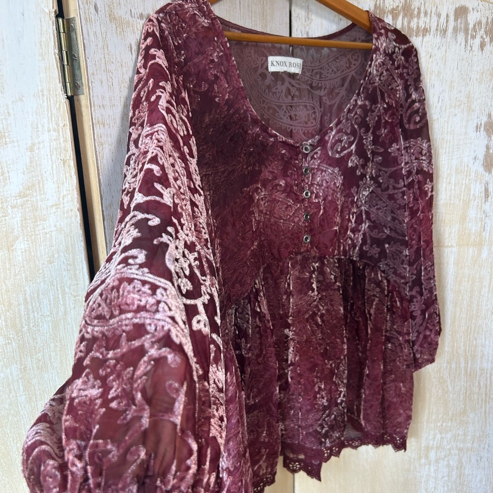 Knox Rose Women's Maroon Burnout Velvet Top XL - Picture 2 of 11